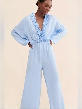 ELLIATT ANTHROLight Blue Ruffle V-Neck Wide-Leg Jumpsuit